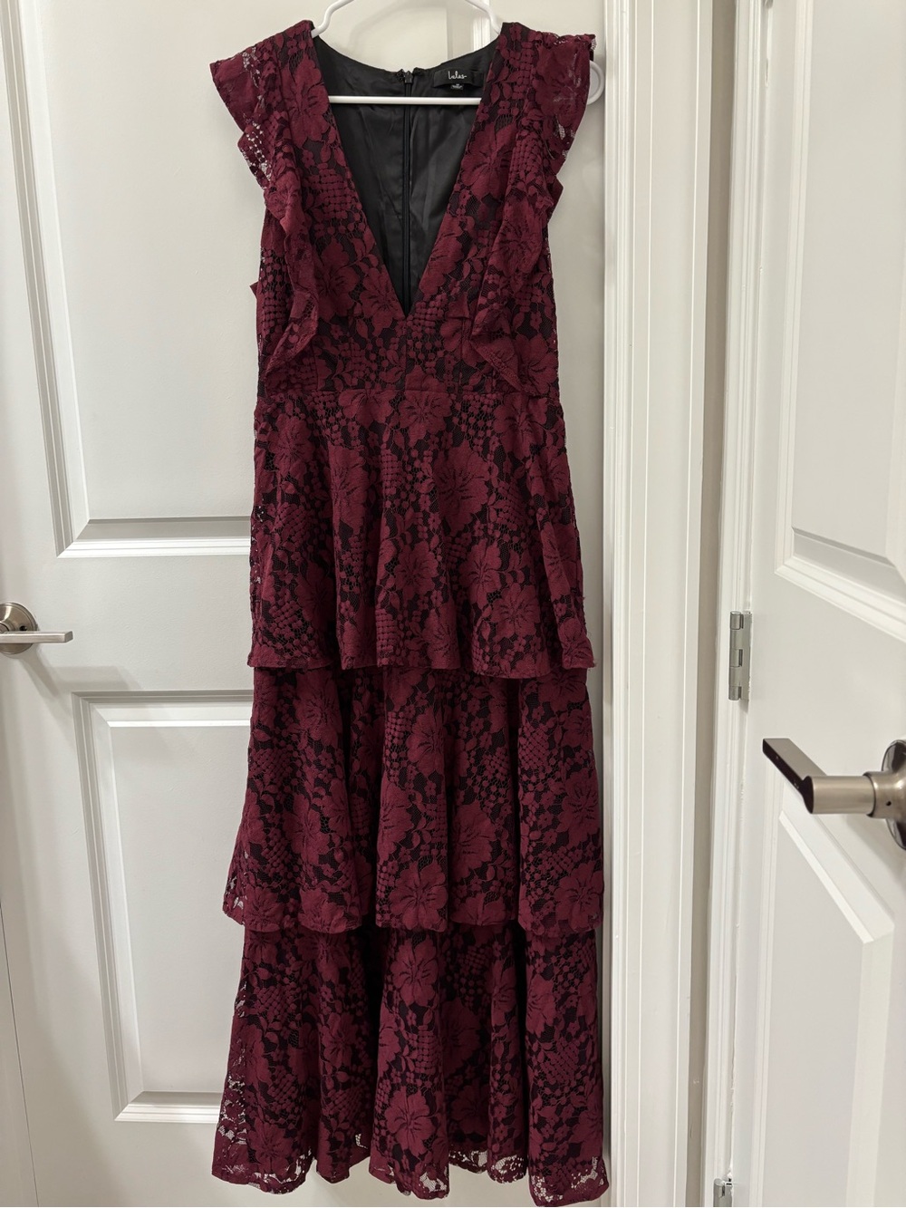 Lulu's Burgundy Floral Lace Tiered Maxi Dress